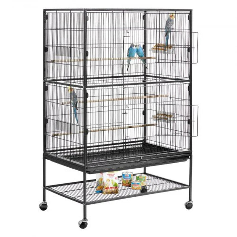 Bird Cage, 31.5 X 20.5 X 52 Inch, Flat Top, Wrought Iron Bird Flight Cage with Perches, Slide-Out Tray and Plastic Feeders, Casters, for Parrot, Blue Tit, Cockatiel, Canary, and Monk Parakeet