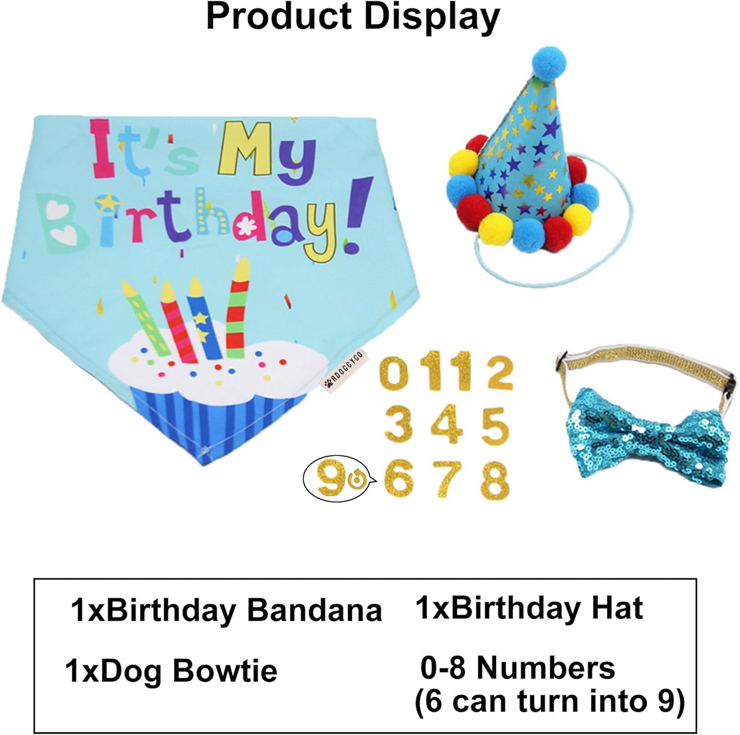 Dog Birthday Hat, Blue Birthday Boy Bandana with Bow Tie, Large | 3 Sizes, It'S My Birthday Dog Bandana, Colorful Pom Pom Hat, Bow Tie & Age Numbers for Medium Large Dogs