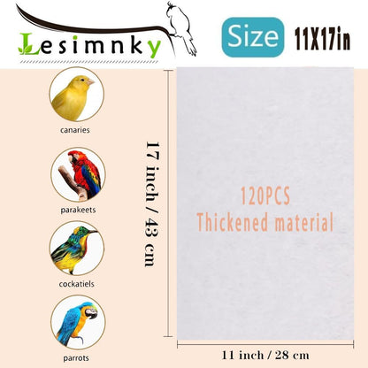 120 Pieces Bird Cage Liners-11'' X 17''Disposable Non-Woven Bird Cage Paper Liners Precut Absorbent Fecal Tray Cages Cushion Pad Mat Cuttable Pet Animal Cages Cushion for Parrot (White)