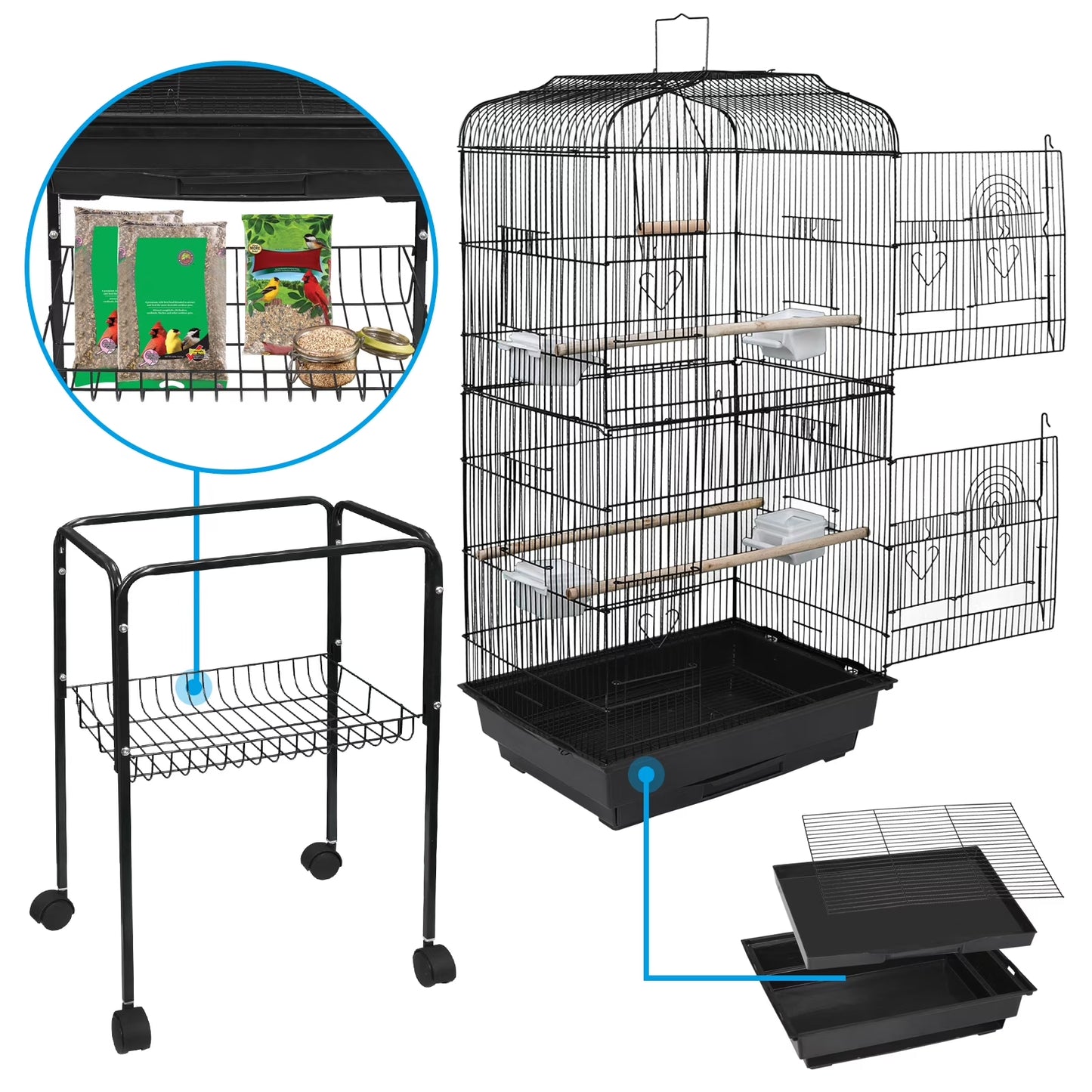59'' Bird Cage Large Wrought Iron Cage for Cockatiel Sun Conure Parakeet with Rolling Stand