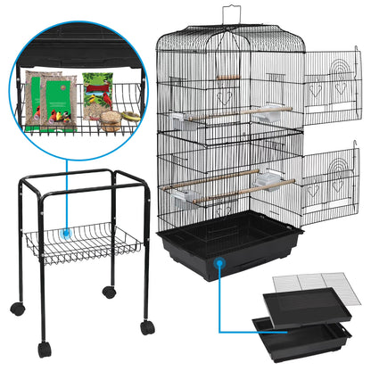 59'' Bird Cage Large Wrought Iron Cage for Cockatiel Sun Conure Parakeet with Rolling Stand
