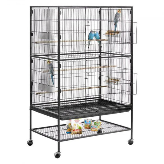Bird Cage, 31.5 X 20.5 X 52 Inch, Flat Top, Wrought Iron Bird Flight Cage with Perches, Slide-Out Tray and Plastic Feeders, Casters, for Parrot, Blue Tit, Cockatiel, Canary, and Monk Parakeet