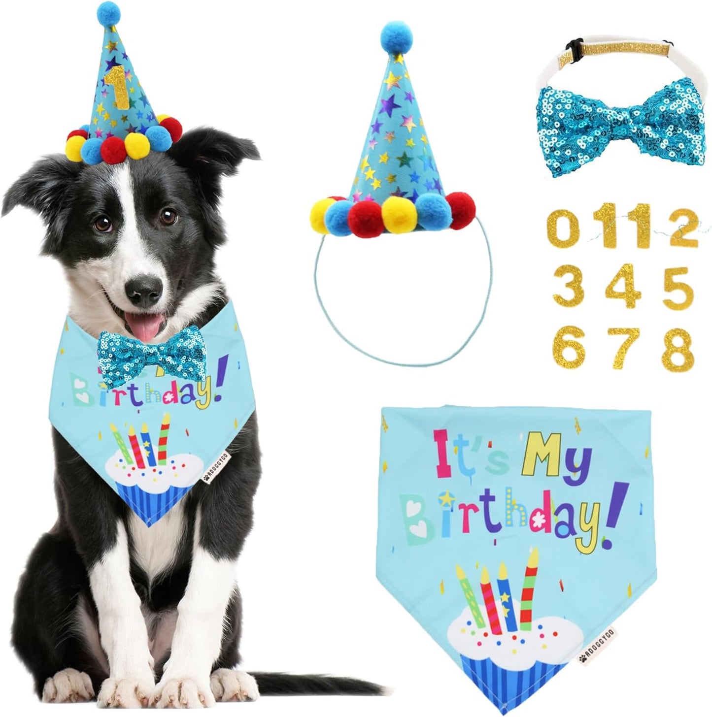 Dog Birthday Hat, Blue Birthday Boy Bandana with Bow Tie, Large | 3 Sizes, It'S My Birthday Dog Bandana, Colorful Pom Pom Hat, Bow Tie & Age Numbers for Medium Large Dogs