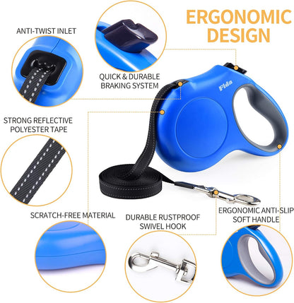 Retractable Dog Leash with Dispenser and Poop Bags, 16 Ft Pet Walking Leash for Small Dog or Cat up to 26 Lbs, Anti-Slip Handle, Tangle Free, Reflective Nylon Tape (S, Blue)
