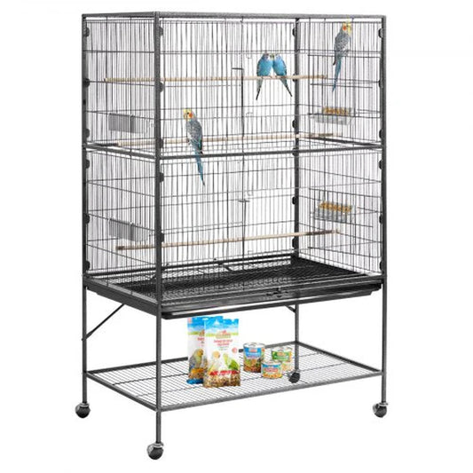 Bird Cage, 36.6 X 22.8 X 59.5 Inch, Flat Top, Wrought Iron Bird Flight Cage with Perches, Slide-Out Tray and Plastic Feeders, for Blue Tit, Cockatiel, Canary, Monk Parakeet, African Grey Parrot