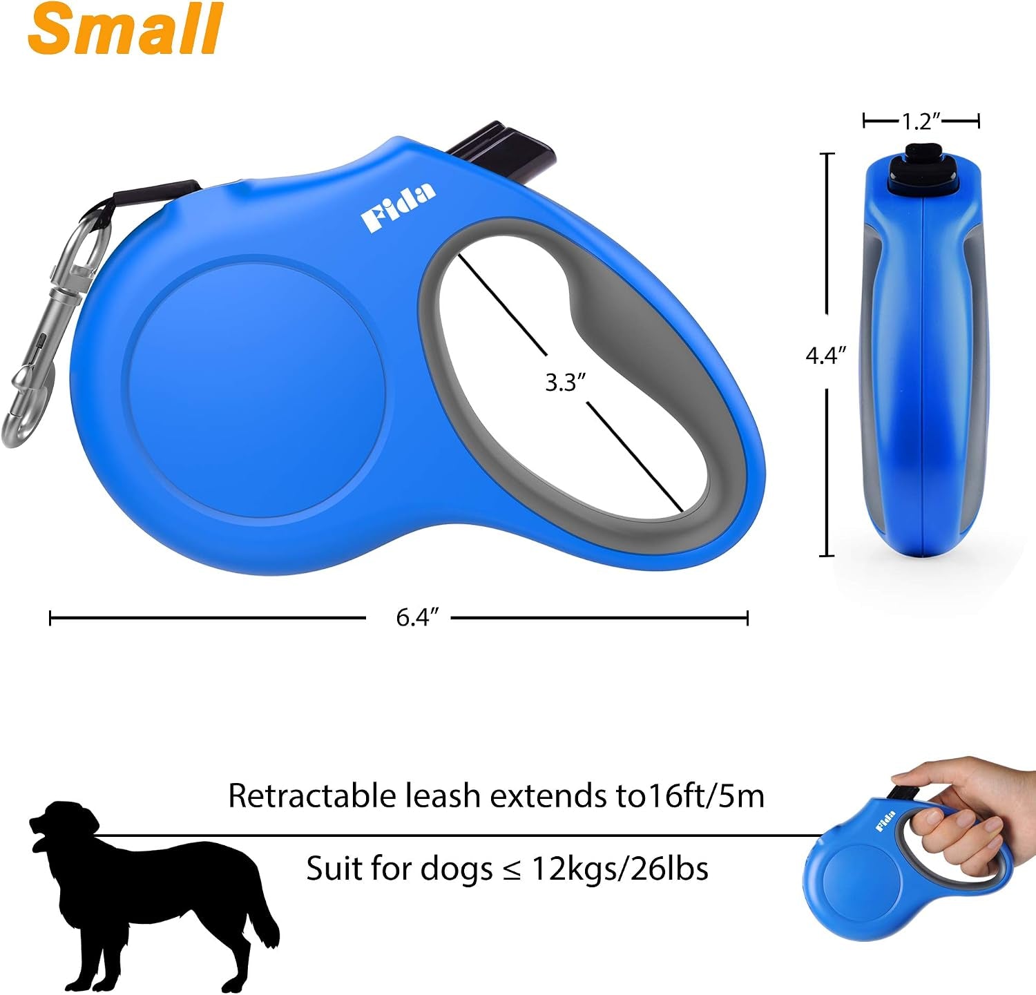 Retractable Dog Leash with Dispenser and Poop Bags, 16 Ft Pet Walking Leash for Small Dog or Cat up to 26 Lbs, Anti-Slip Handle, Tangle Free, Reflective Nylon Tape (S, Blue)